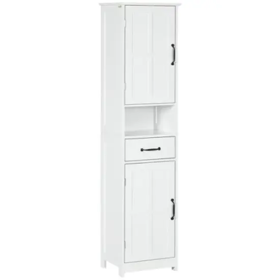 kleankin Slim Bathroom Storage Cabinet, Tall Bathroom Cabinet, Linen Tower with Open Shelf, Drawer, Recessed Doors, and Adjustable Shelves, White image {3}