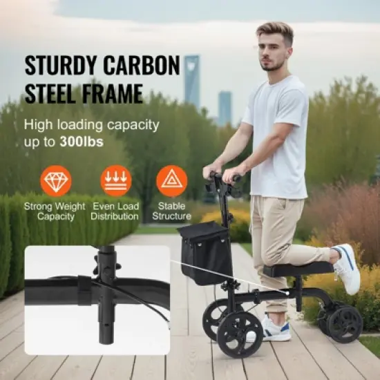VEVOR Folding Knee Scooter, Carbon Steel Steerable Knee Walker with Height-Adjustable Handlebar & Knee Pad, All-Terrain Solid Wheels, Dual Brakes image {2}