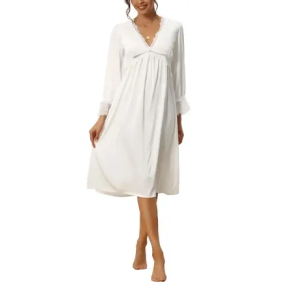 cheibear Womens Satin Nightgowns Long Sleeve Lace Trim V-Neck Pajama Dress image {5}