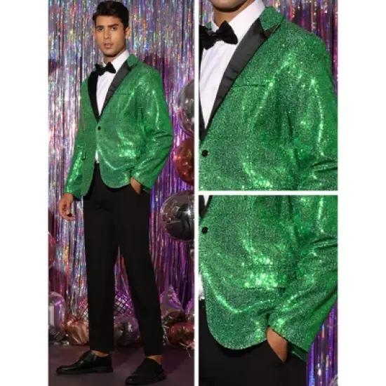 Lars Amadeus Men's Peak Lapel Color Block Shiny Sparkle Sequin Blazer image {4}