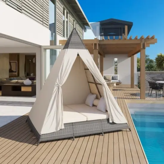 Whisen Outdoor Sunbed With Colorful Pillows, Tent Shape Wicker Patio Daybed With Cushions image {12}