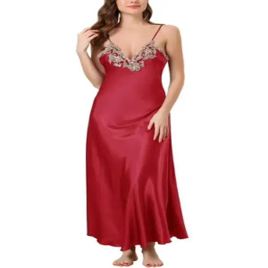 cheibear Womens Satin Sleeveless Nigthgown Lace Trim Sleep Dress Sleepwear Pajama Dress image {8}