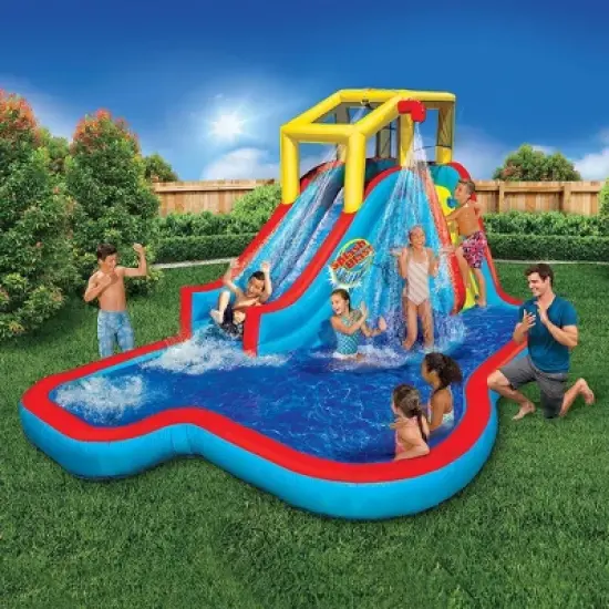 Banzai Slide N' Soak Inflatable Outdoor Kids Splash Pool Water Park Play Center with Slides, Climbing Wall, and Air Blower Motor, Ages 5+ image {1}