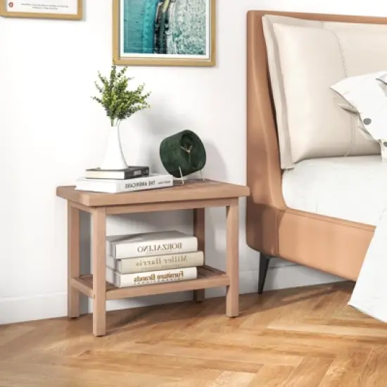 Costway 21'' Teak Wood Shower Bench 2-Tier Waterproof Bath Spa Stool with Storage Shelf image {2}