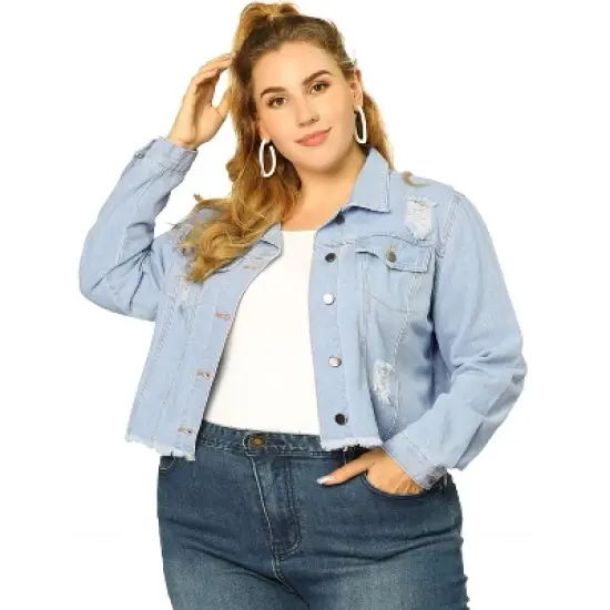 Agnes Orinda Women's Plus Size Washed Ripped Distressed Cropped Frayed Denim Jacket image {1}