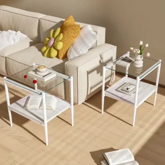 KWPZQEB Set of 2 Rectangle End Table with Tempered Glass Tabletop, Nightstand with 2-Layer Storage Shelves for Small Spaces, Living Room, Bedroom image {17}