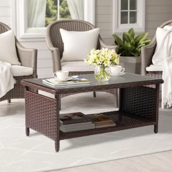 Karl Home| 2-Layer Brown Outdoor Wicker Coffee Table With Glass Tabletop image {6}