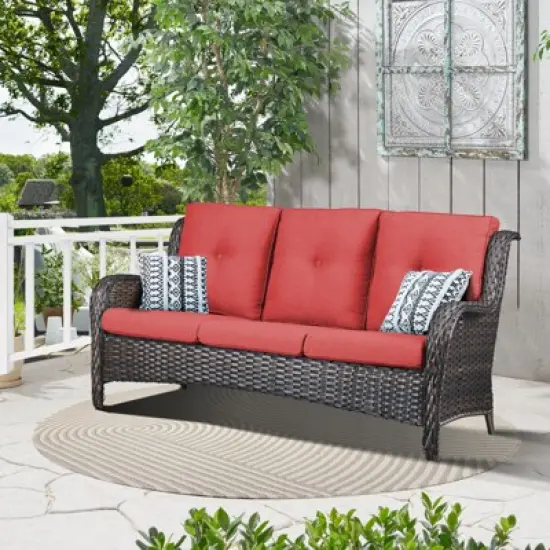 POCASSY 74" Wide Outdoor Wicker Patio Sofa with Cushions, All Weather Wicker Furniture Sofa 3 Seater Couch for Porch, Deck, Balcony image {12}