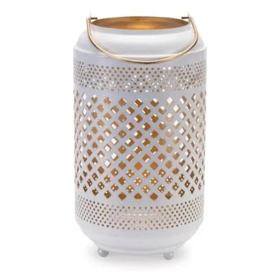 HomeRoots 14" White And Gold Pierced Lattice Metal Lantern Candle Holder image {3}