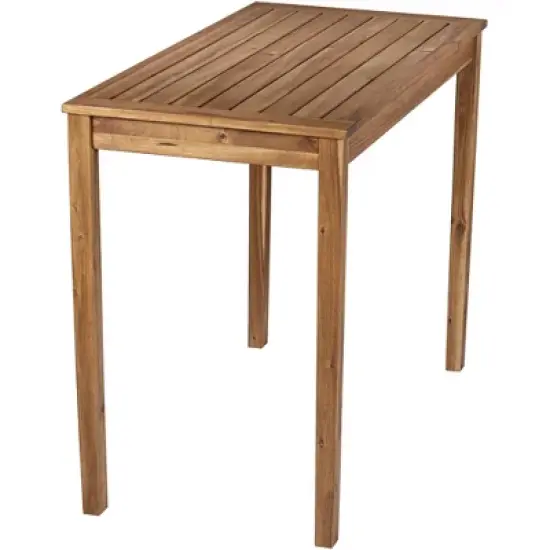 Teal Island Designs Farmhouse Rustic Acacia Wood Outdoor Rectangular Bar Table 48" x 24" Natural Brown Stain Slat Tabletop for Spaces Patio Balcony image {4}