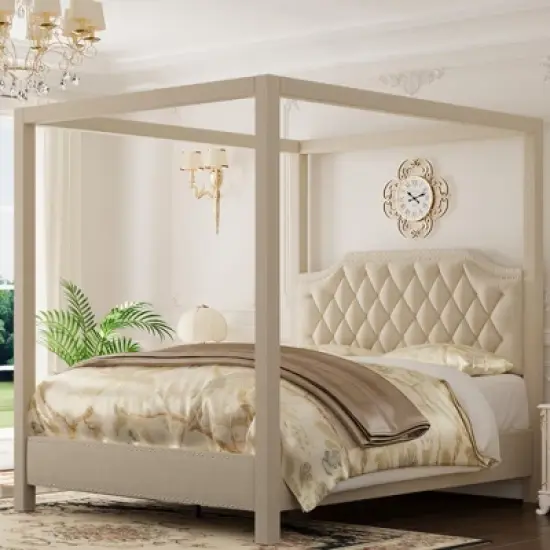 Canopy Bed Frame with Upholstered Headboard, Four Poster Design, Button Tufted, and Slide Rail, No Box Spring Required, Wooden Slatted Structure image {4}