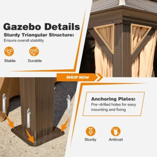 EROMMY 12'x16' Hardtop Gazebo, Wood Looking Patio Gazebo with Aluminum Frame and Single Galvanized Steel Roof image {6}