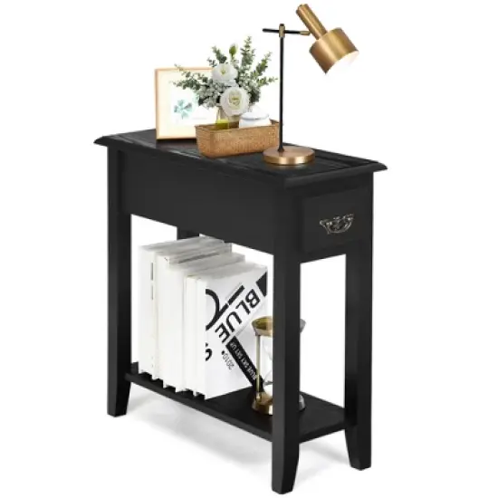 Costway 2 Tier End Bedside Sofa Side Table Narrow Nightstand w/Drawer &Shelf Black image {6}