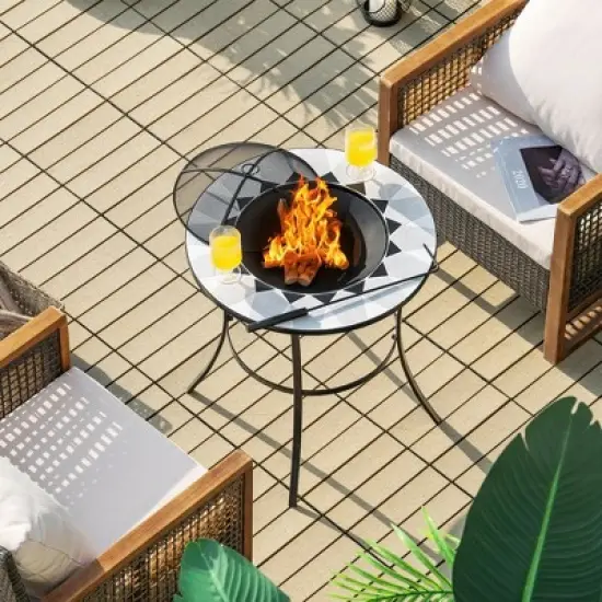 Costway 23.5'' Round Fire Pit Table Wood Burning Heater W/ Mesh Cover & Fire Poker image {4}