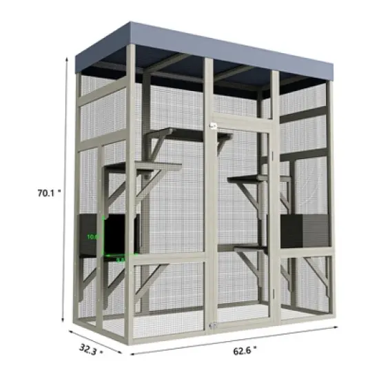 ORRD 62.6" Gray Wooden Outdoor Catio with Waterproof Roof, Secure Pet Enclosure with Houses & Rust-Proof Wire image {5}