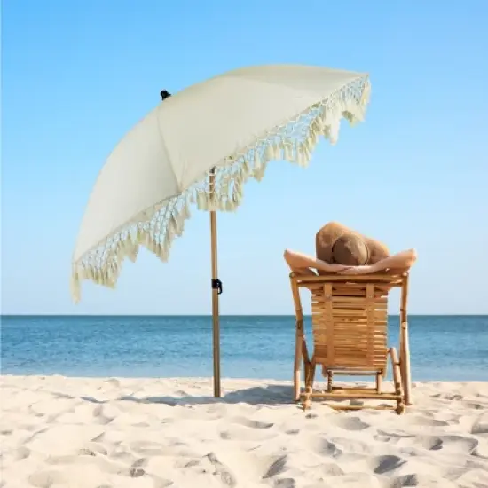 Northlight Outdoor Macrame Boho Beach Market Umbrella with Tilt - 6.5' - Cream image {1}