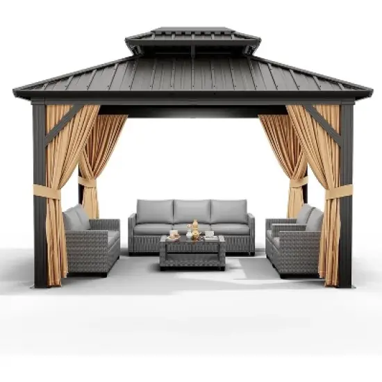 10x10ft Hardtop Gazebo, Hardtop Double Roof Cazebos with Netting and Curtains, Outdoor Gazebo Galvanized Iron Aluminum Frame Garden Tent for Patio image {7}