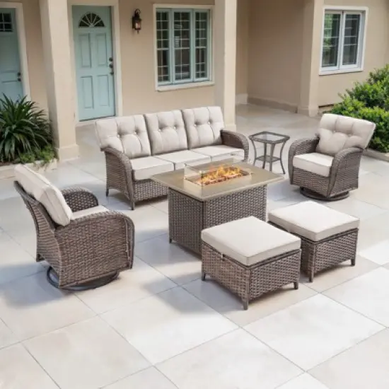 Belord Outdoor Wicker Patio Furniture Set with 41" Propane Fire Pit Table, Swivel Patio Chairs Set with Sofa Couch, Fire Pit Table and Ottoman image {2}