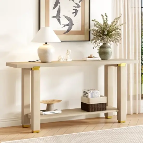 Gulches 62.9" Modern Minimalist Console Table - Solid Wood, Metal Accents, Built-in Shelf, 3 Colors, for Living Room image {1}