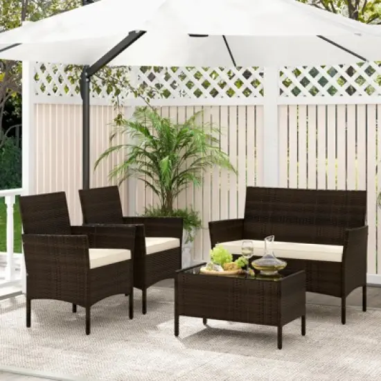 Tangkula 4 Piece Patio Rattan Conversation Set Outdoor Wicker Furniture Set w/ Chair Loveseat & Tempered Glass Table Beige/Black/Gray/Navy/Turquoise image {2}