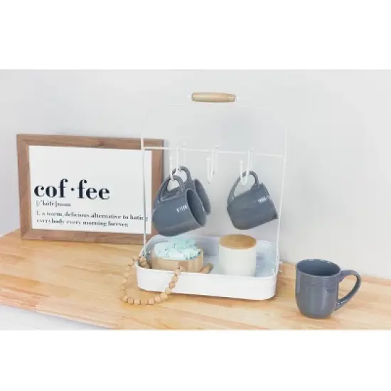 AuldHome Design White Enamelware Coffee Mug Rack; Countertop Style Rustic Distressed Cup Hanging Stand w/ Tray image {3}