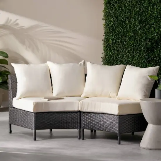 Christopher Knight Home 2pc Newton Wicker Outdoor Patio Curved Loveseat Sectional with Cushions Gray/White image {1}