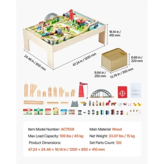 VEVOR Train Table, 120 Pieces Wooden Kids Activity Table with Collapsible Storage Bin, 3-in-1 Wooden Train Set for Kids Ages 3+, Multicolor image {7}