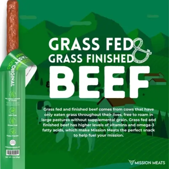 Mission Meats Beef Sticks &ndash; 100% Grass Fed & Pasture Raised, Sugar Free, Individually Wrapped Healthy Snacks, Whole 30 & Paleo, Original 1oz (12ct) image {3}