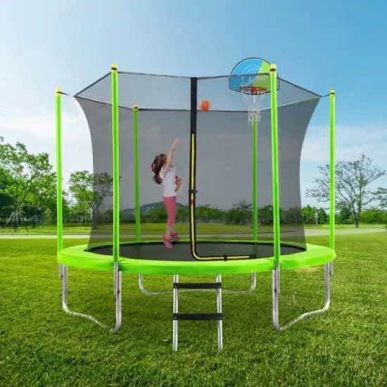 Okak 8/10FT Outdoor Trampolines with Safety Enclosure Net, Toddler Trampolines with Basketball Hoop and Ladder, Rebounder for Outdoor image {7}