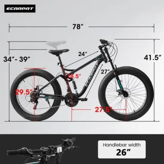 Gulches 26 inch Mountain Bike,Full-Suspension 21 Speeds Drivetrain with Disc-Brake MTB Bicycle, 26*4" Fat tire Bike for Men，Black image {2}