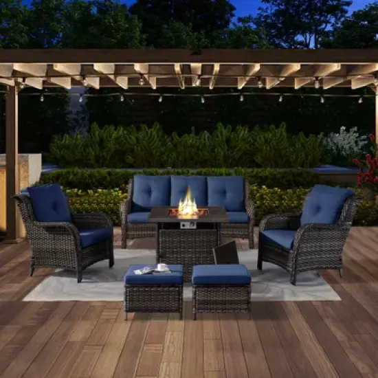 POCASSY 6PCS Patio Furniture Set with Square Fire Pit Table, All Weather Wicker Outdoor Conversation Set with Sofa, Patio Chairs, Firepit and Ottoman image {11}