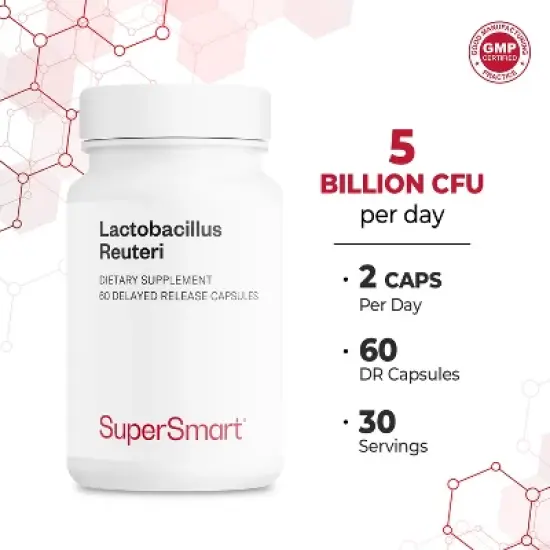 Supersmart Lactobacillus Reuteri 5 Billion CFU per Day - Probiotic Supplement | Non-GMO & Gluten Free - 60 DR Capsules image {4}