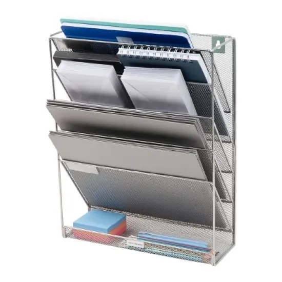 Mind Reader 5-Tier Vertical File Storage, Desktop Organizer, Wall Mount, Office, Metal Mesh, 12.75"L x 4"W x 16"H, Silver: Office Supplies image {2}