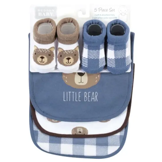 Hudson Baby Infant Boy Cotton Bib and Sock Set, Little Bear, One Size image {1}