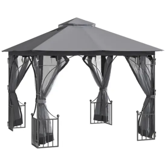 Outsunny 10' x 10' Patio Gazebo Canopy Outdoor Pavilion with Mesh Netting SideWalls, 2-Tier Polyester Roof, & Steel Frame image {7}