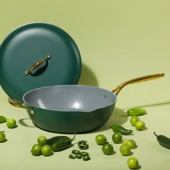 Frok 13" Frying Pan Wok Skillet Quick Heat Aluminum - Ceramic Nonstick Cookware W/ Lid image {9}