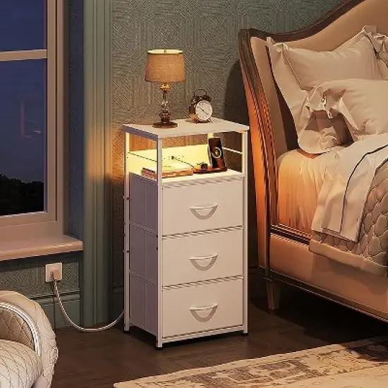 GALAXHERO LED Nightstand with Charging Station Night Stand with 3 Fabric Drawers and Storage Shelf Small Dresser for Small Space 31.9" H Bedside Table image {5}