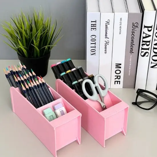 Wrapables Pen Organizer with 4 Compartments Desk Storage Organizer for Home, Office, Work, Large (2pcs) / Pink image {4}
