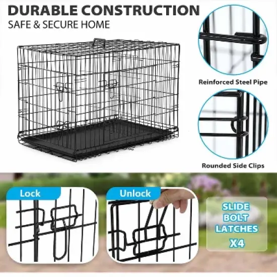 FDW 42 Inch Dog Crates for Large Dogs Folding Metal Wire Crates Dog Kennels Pet Dog Cage Crate with Double-Door,Divider Panel, Removable Tray and image {2}