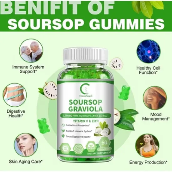 GPGP GreenPeople Soursop Graviola Gummies, Soursop Leaves Extract - Energy Boost, Digestive & Immune Support, Antioxidant - Vegan, Non-GMO - 60 Ct image {3}