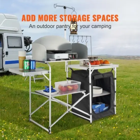 VEVOR Camping Kitchen Table, Folding Outdoor Cooking Table with Storage Carrying Bag, Aluminum Cook Station 1 Cupboard & Detachable Windscreen image {2}