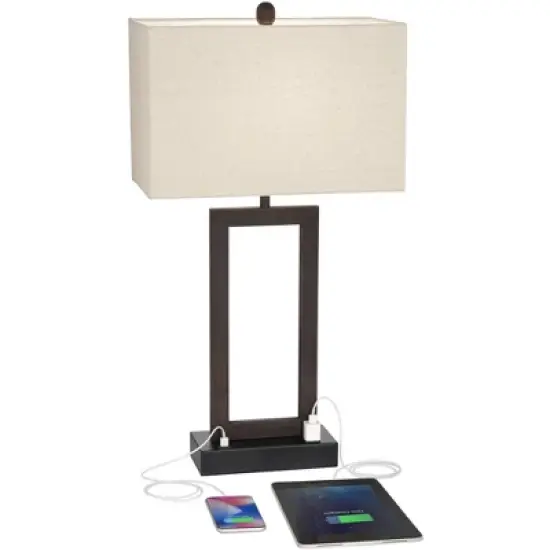360 Lighting Todd Modern Table Lamp 30" Tall Bronze Rectangular with USB and AC Power Outlet in Base Oatmeal Fabric Shade for Living Room Office House image {2}