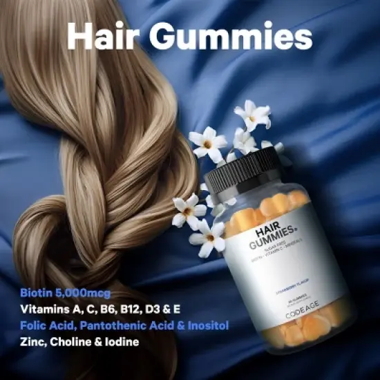 Codeage Hair Gummies, Biotin, Vitamin C, Inositol, Zinc, Folic Acid, Sugar-Free Supplement - 60ct image {3}