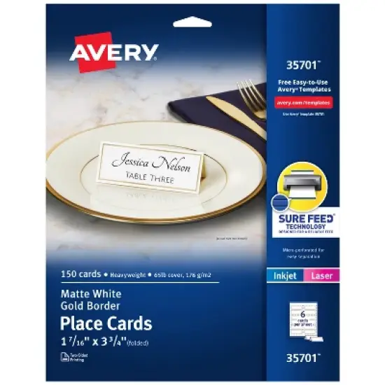 Avery Place Cards, 1-7/16" x 3-3/4", Gold Border, 150 Cards (35701) image {9}