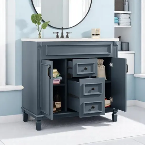 Mshliw 36 Inch Bathroom Vanity with Sink, Modern Freestanding Storage Cabinet with 2 Soft Closing Doors and 2 Drawers, Single Sink Bath Vanity(Blue) image {14}