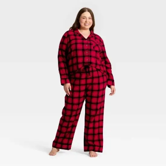 Women's Plaid Flannel Long Sleeve Shirt and Pants Holiday Matching Family Pajama Set - Wondershop&trade; Red/Black image {5}