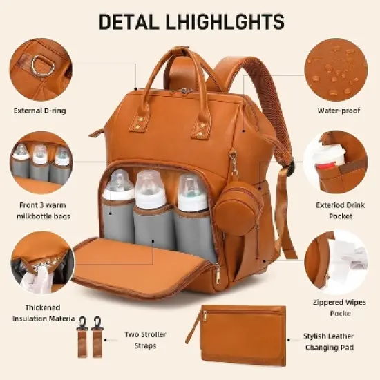 Itopfox Vegan Leather Diaper Backpack with Waterproof Changing Pad, Reinforced Stitching & Zippers, Ergonomic Design for Traveling Moms, Brown image {7}