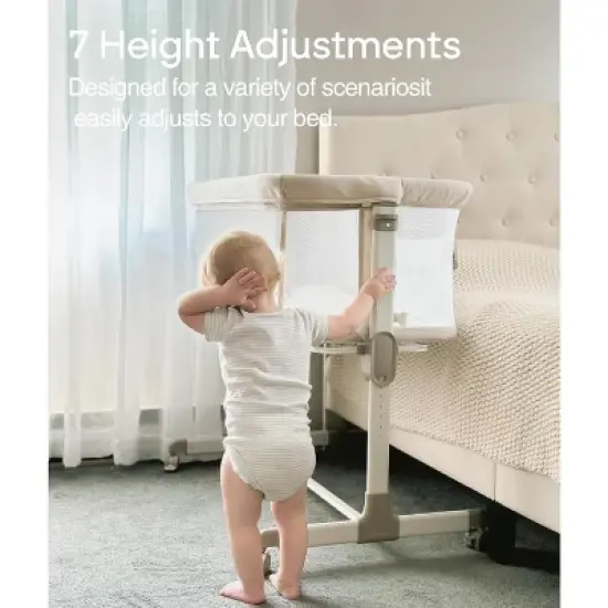 Fodoss Baby Bassinets Bedside Sleeper with Wheels, 7 Height Adjustable, Beige image {2}