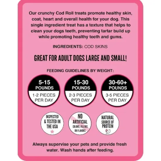 Hubert Pet Premium Cod Skin Roll Dog Treats, Grain Free, Single Ingredient, USA Tested - 1.5 lbs Super Value Pack image {2}