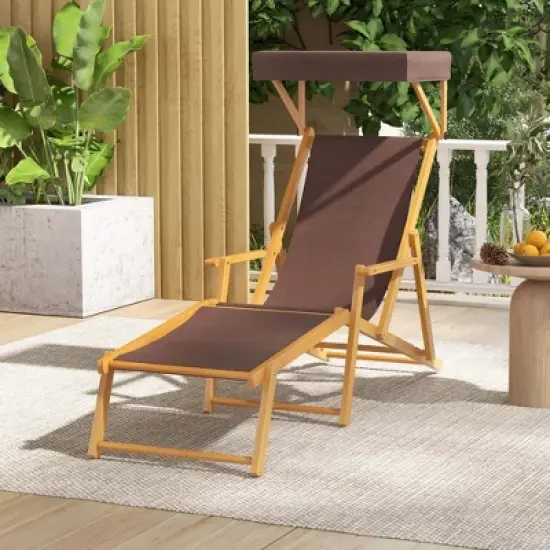 Costway Birch Wood Chaise Lounge Chair with Adjustable Canopy Reclining Backrest & Footrest Brown/Navy image {1}